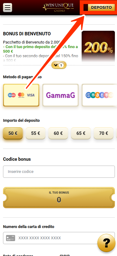 Come effettuare un deposito Unique Casino Italia