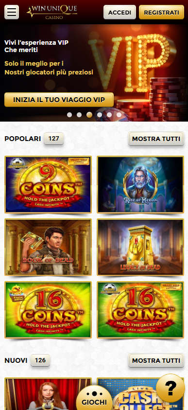 Interfaccia dell'app Unique Casino