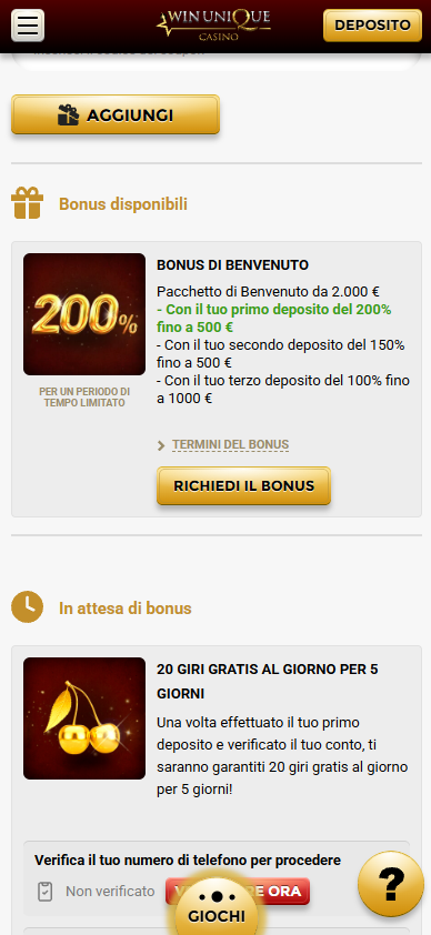 Interfaccia dell'app Unique Casino bonuses