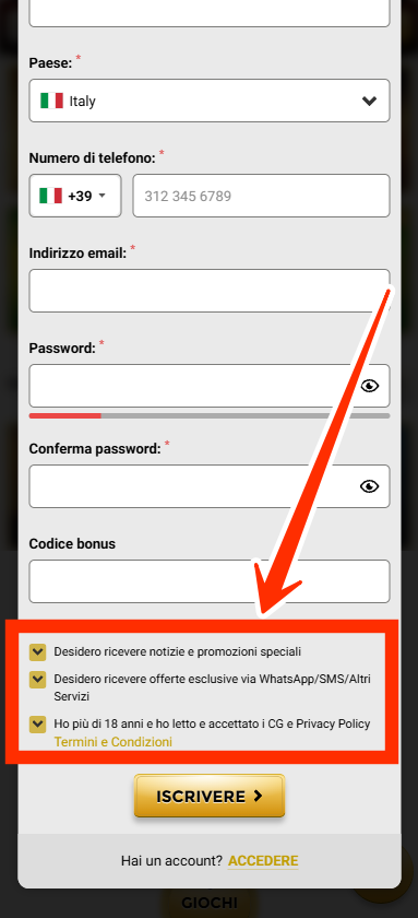 Scegli le tue preferenze e accetta le condizioni