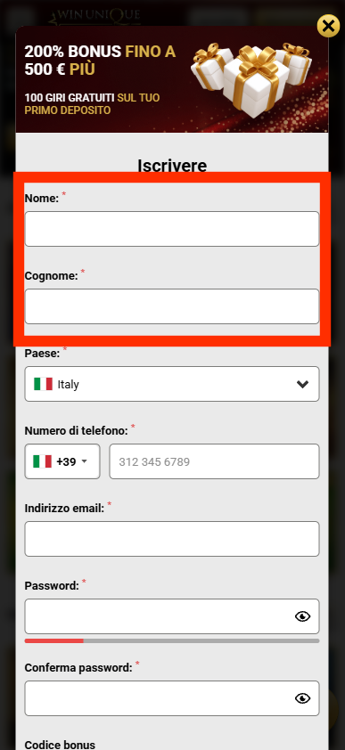 Come registrarsi via mobile Compila i tuoi dati personali