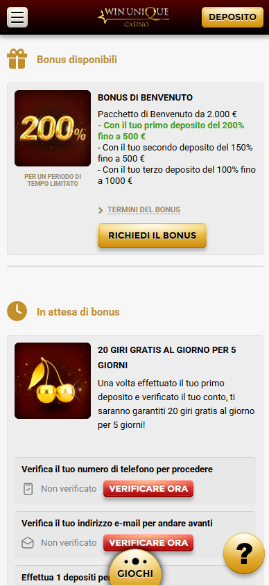 Accesso all'App di Unique Casino in Italia